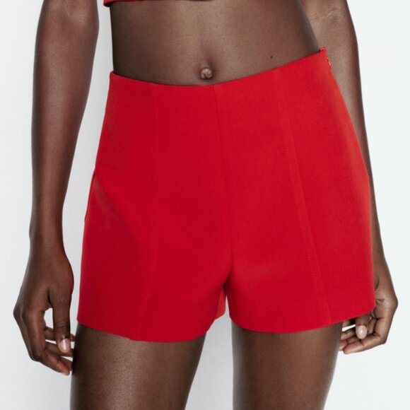 Zara Red High-Waisted Seam Shorts Size Large - Picture 1 of 7